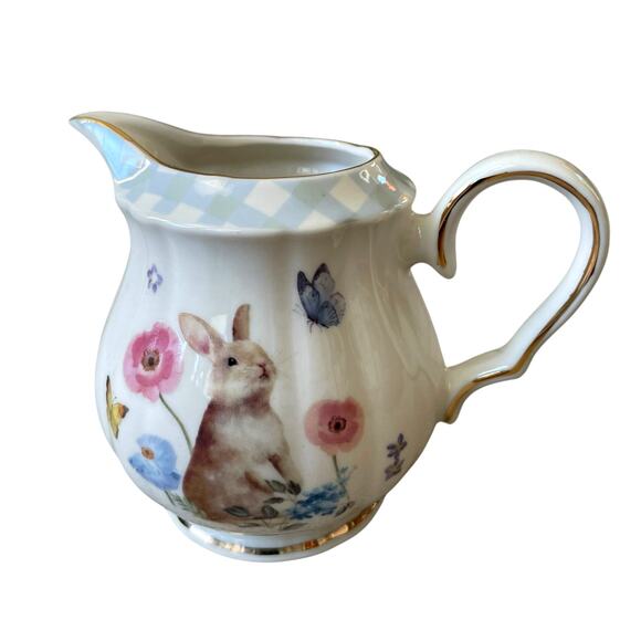 Grace Teaware Floral Gingham Bunny Fine Porcelain Creamer NEW - Picture 2 of 12